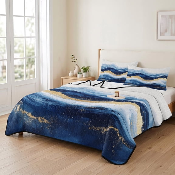 Queen Quilt Bedding Set, Abstract Ocean Rough Sea Lightweight Coverlet Summer Comforter Set Soft Microfiber Bedspread, Marine Big Wave Navy Blue Gold 3 Piece Quilt Set with 2 Pillow Shams