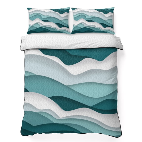 Queen Quilt Bedding Set, Abstract Ocean Sea Wave Soft Microfiber Summer Bedspread Coverlet with 2 Pillow Shams for All Season, Turquoise White Ombre Art Breathable Bedding Set for Hot Sleepers