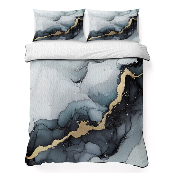 Queen Quilt Bedding Set, Abstract Ombre Black Grey Marble Soft Microfiber Summer Bedspread Coverlet with 2 Pillow Shams for All Season, Modern Texture Seamless Breathable Bedding Set for Hot Sleepers