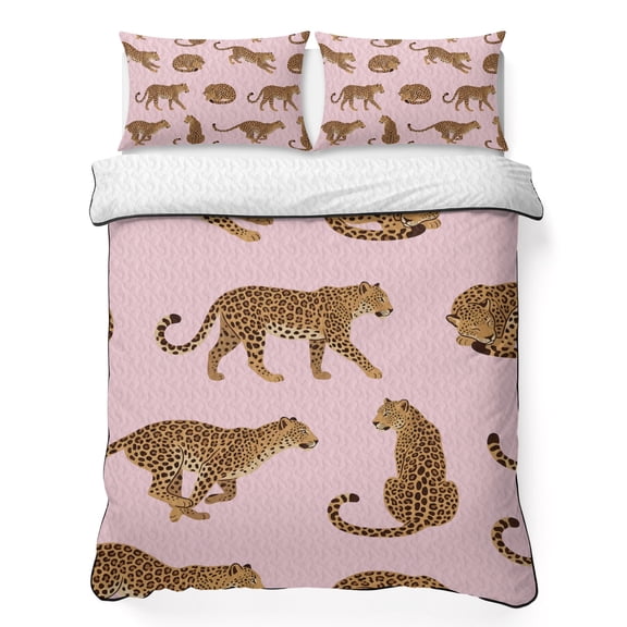Queen Quilt Bedding Set Abstract Panthers on Pink Breathable Summer Cooling Blanket for Hot Sleepers, Summer Tropical Animals Lightweight Soft Bedding Set with 2 Pillow Shams for All Season