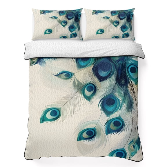 Queen Quilt Bedding Set, Abstract Peacock Feather Soft Microfiber Summer Bedspread Coverlet with 2 Pillow Shams for All Season, Realistic Animal Texture Breathable Bedding Set for Hot Sleepers