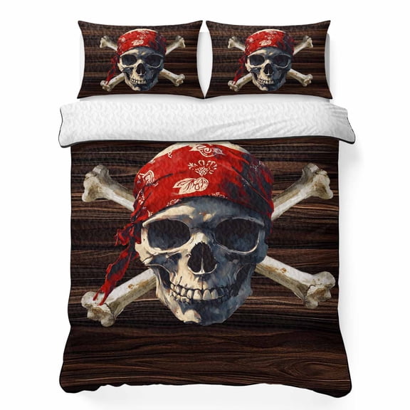Queen Quilt Bedding Set, Abstract Punk Pirate Skull Soft Microfiber Summer Bedspread Coverlet with 2 Pillow Shams, Crossbones on Brown Wood Board Breathable Bedding Set for Hot Sleepers