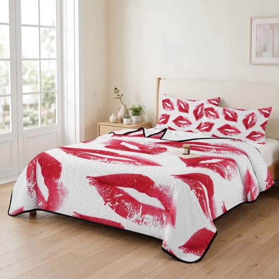 Queen Quilt Bedding Set, Abstract Red Lips Pattern Lightweight Coverlet Summer Comforter Set Soft Microfiber Bedspread, Retro Watercolor Lip Print 3 Piece Quilt Set with 2 Pillow Shams