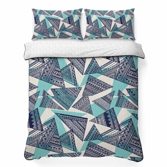 Queen Quilt Bedding Set Abstract Tribal Triangle Pattern Summer Quilt Lightweight Quilted Coverlet with 2 Pillow Shams, Rustic Geometric Art 3-Piece Bedspread Quilt Set for All Season