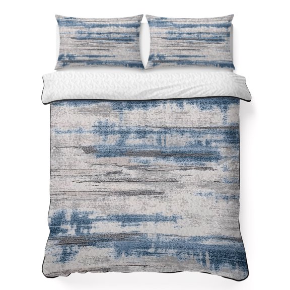 Queen Quilt Bedding Set Abstract Vintage Blue Gray Texture Summer Quilt Lightweight Quilted Coverlet with 2 Pillow Shams, Shabby Watercolor Ombre 3-Piece Bedspread Quilt Set for All Season