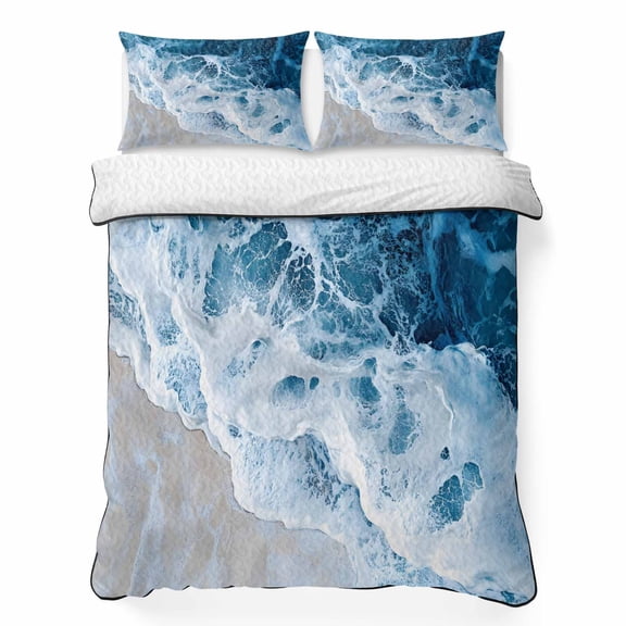 Queen Quilt Bedding Set, Abstract Watercolor Beach Wave Soft Microfiber Summer Bedspread Coverlet with 2 Pillow Shams for All Season, Modern Art Ocean Scene Breathable Bedding Set for Hot Sleepers