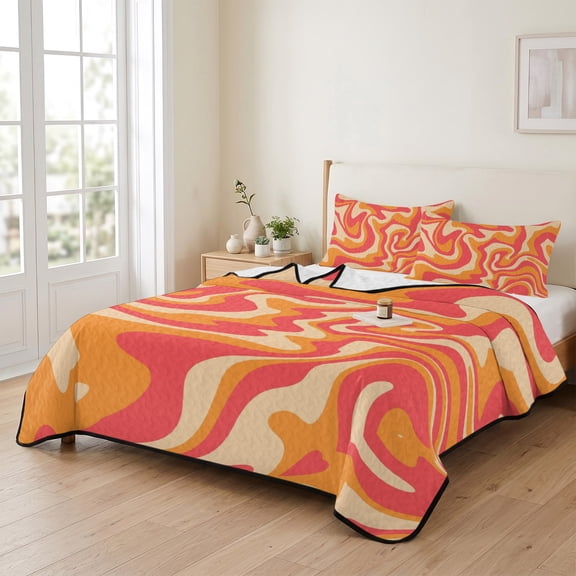 Queen Quilt Bedding Set, Abstract Wavy Swirl Lightweight Coverlet Summer Comforter Set Soft Microfiber Bedspread, Modern Orange Pink Stripe 3 Piece Quilt Set with 2 Pillow Shams All Seasons Use