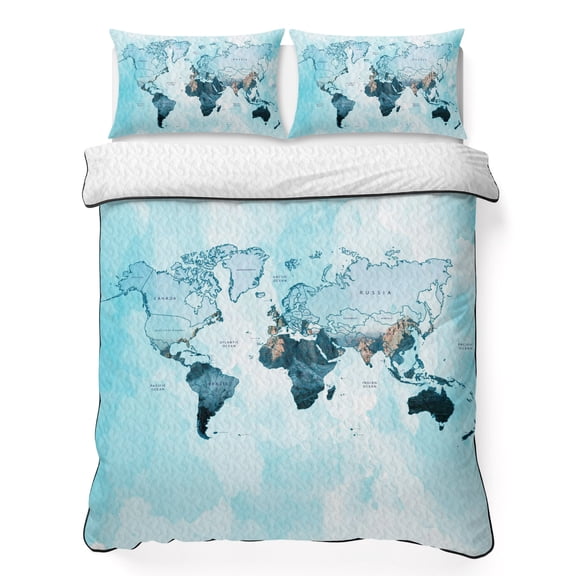 Queen Quilt Bedding Set Abstract World Map Summer Quilt Lightweight Quilted Coverlet with 2 Pillow Shams, Teal Blue Gradient 3-Piece Bedspread Quilt Set for All Season