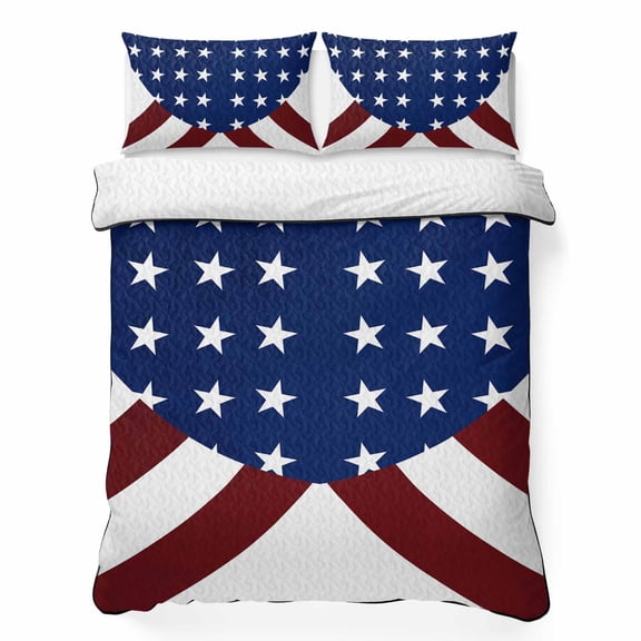 Queen Quilt Bedding Set American Flag Lightweight Summer Quilted Coverlet for Hot Sleepers, Stripes Stars Blue Red and White Breathable Soft Cooling Blanket with 2 Pillow Shams for All Season