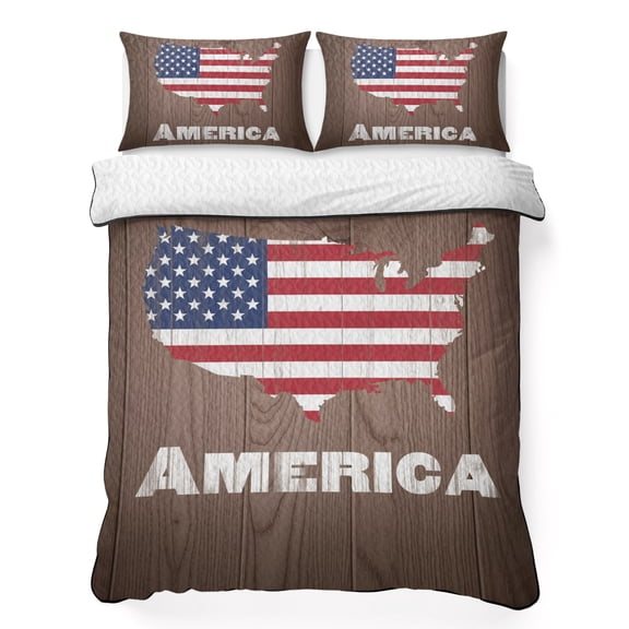 Queen Quilt Bedding Set, American Independence Day Soft Microfiber Summer Bedspread Coverlet with 2 Pillow Shams for All Season, USA Flag Map on Wood Grain Breathable Bedding Set for Hot Sleepers