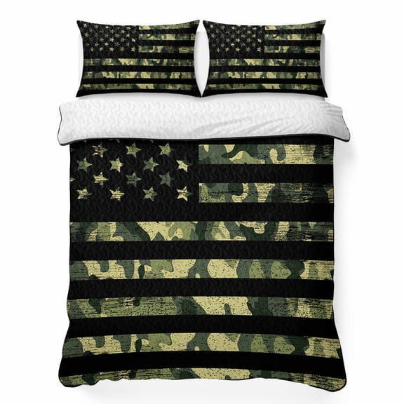 Queen Quilt Bedding Set, American Retro Stars and Stripes Flag Soft Microfiber Summer Bedspread Coverlet with 2 Pillow Shams, Forests Army Camouflage Breathable Bedding Set for Hot Sleepers