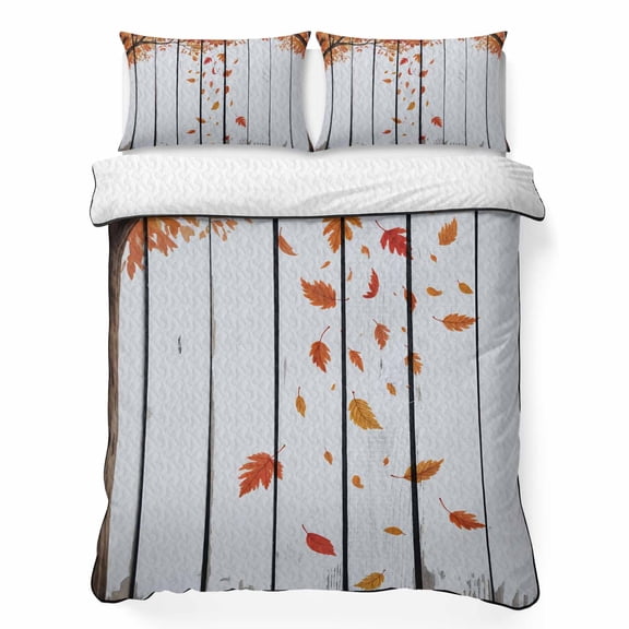 Queen Quilt Bedding Set Autumn Fallen Leaves on Wood Grain Summer Quilt Lightweight Quilted Coverlet with 2 Pillow Shams, Retro Maple Tree 3-Piece Bedspread Quilt Set for All Season