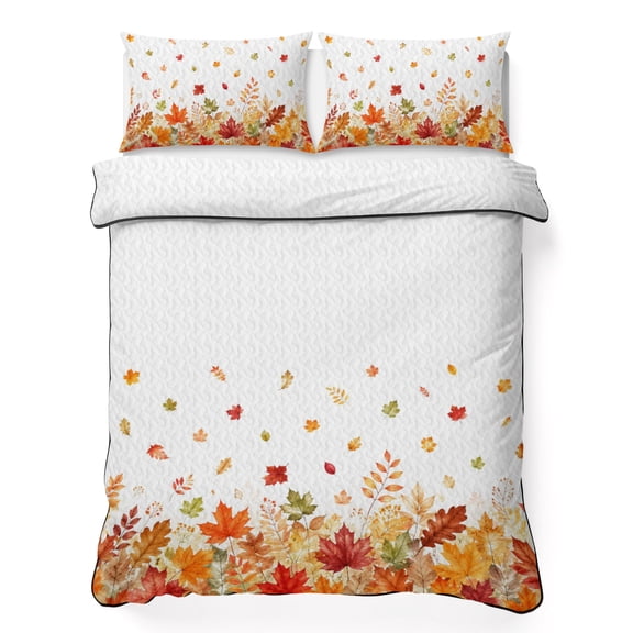 Queen Quilt Bedding Set, Autumn Maple Leaf Orange Watercolor Soft Microfiber Summer Bedspread Coverlet with 2 Pillow Shams, Fallen Leaves on White Breathable Bedding Set for Hot Sleepers
