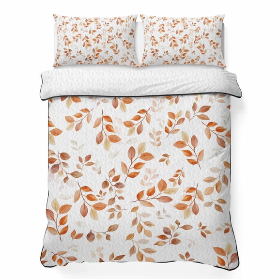 Queen Quilt Bedding Set, Autumn Orange Leaf Botanical Soft Microfiber Summer Bedspread Coverlet with 2 Pillow Shams for All Season, Abstract Vine Pattern Breathable Bedding Set for Hot Sleepers