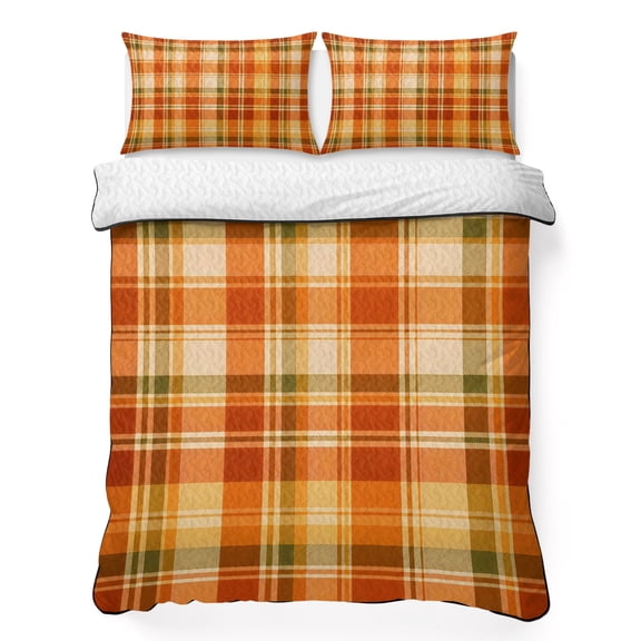 Queen Quilt Bedding Set, Autumn Season Orange Plaid Soft Microfiber Summer Bedspread Coverlet with 2 Pillow Shams for All Season, Thanksgiving Theme Check Breathable Bedding Set for Hot Sleepers