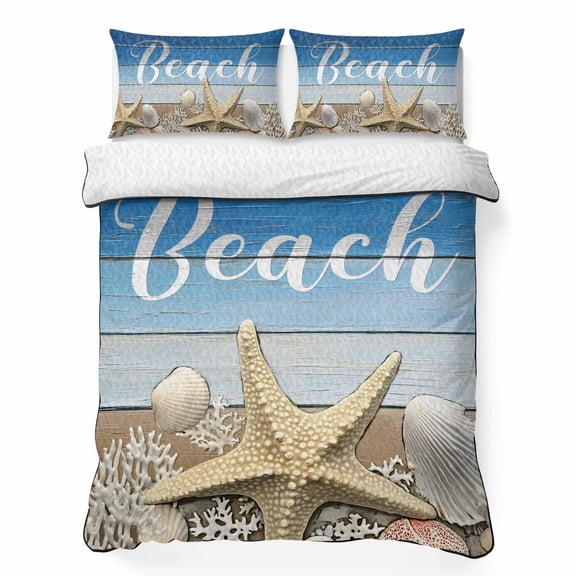 Queen Quilt Bedding Set, Beach Shell Starfish Ocean Soft Microfiber Summer Bedspread Coverlet with 2 Pillow Shams for All Season, Farm Wood Board Blue Gradient Breathable Bedding Set for Hot Sleepers