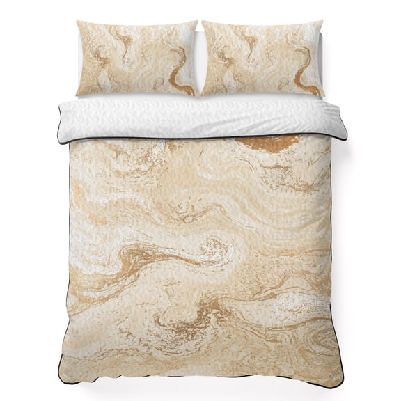 Queen Quilt Bedding Set, Beige Ombre Marble Texture Soft Microfiber Summer Bedspread Coverlet with 2 Pillow Shams for All Season, Modern Fluid Aesthetic Breathable Bedding Set for Hot Sleepers