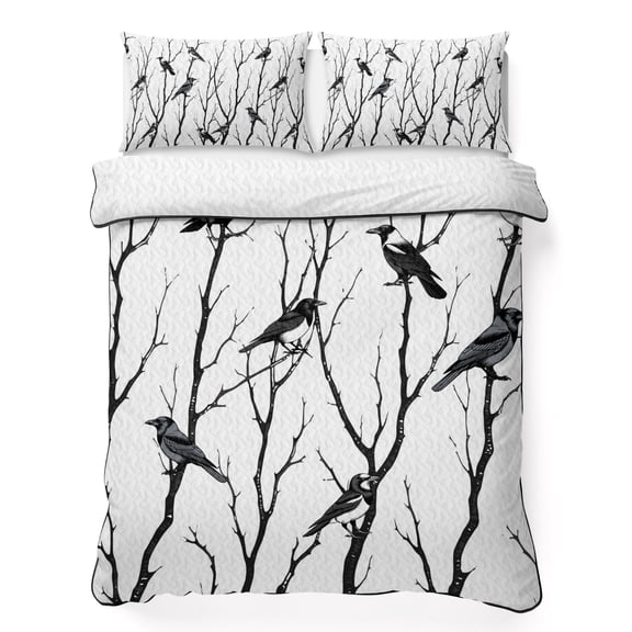 Queen Quilt Bedding Set, Black Bird on Branch Silhouette Soft Microfiber Summer Bedspread Coverlet with 2 Pillow Shams, Abstract Animal Plant Art Painting Breathable Bedding Set for Hot Sleepers