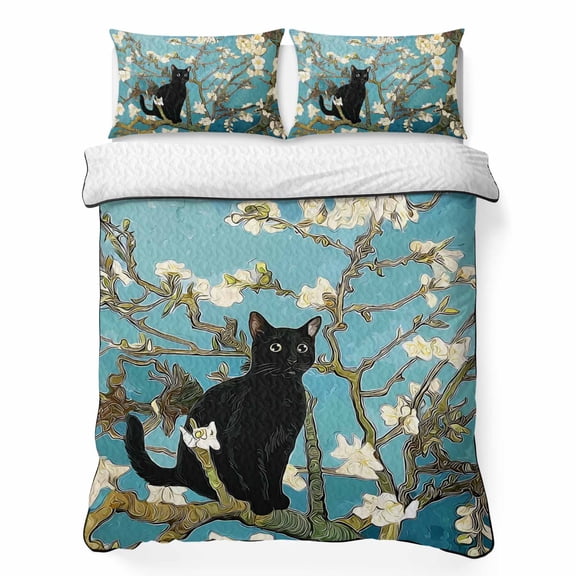 Queen Quilt Bedding Set Black Cat on Branches Breathable Summer Cooling Blanket for Hot Sleepers, Oil Style Cute Kitty Lightweight Soft Bedding Set with 2 Pillow Shams for All Season