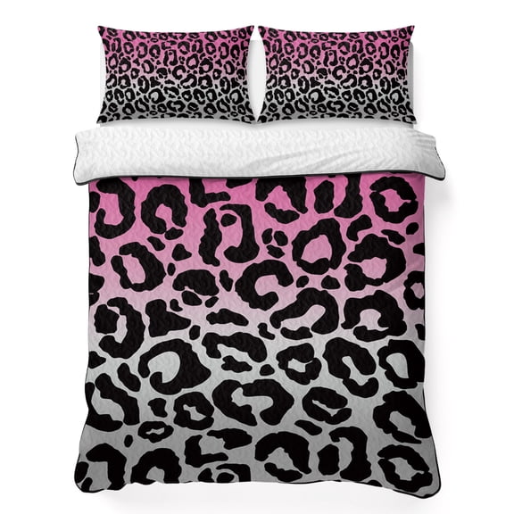 Queen Quilt Bedding Set, Black Leopard Animal Print Texture Soft Microfiber Summer Bedspread Coverlet with 2 Pillow Shams for All Season, Pink Gradient Back Breathable Bedding Set for Hot Sleepers