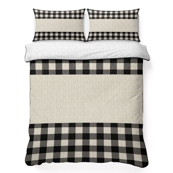 Queen Quilt Bedding Set, Black White Buffalo Plaid Soft Microfiber Summer Bedspread Coverlet with 2 Pillow Shams for All Season, Retro Linen Checkered Breathable Bedding Set for Hot Sleepers