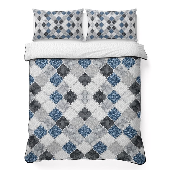 Queen Quilt Bedding Set, Blue Black Gray Moroccan Pattern Soft Microfiber Summer Bedspread Coverlet with 2 Pillow Shams for All Season, Quatrefoil Medallion Breathable Bedding Set for Hot Sleepers
