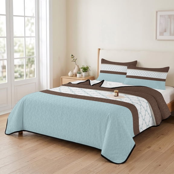 Queen Quilt Bedding Set, Blue Brown Moroccan Trellis Lightweight Coverlet Summer Comforter Set Soft Microfiber Bedspread, Modern Abstract Art 3 Piece Quilt Set with 2 Pillow Shams All Seasons Use