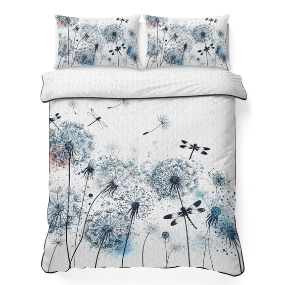 Queen Quilt Bedding Set Blue Dandelion Dragonfly Summer Quilt Lightweight Quilted Coverlet with 2 Pillow Shams, Black and White Style 3-Piece Bedspread Quilt Set for All Season