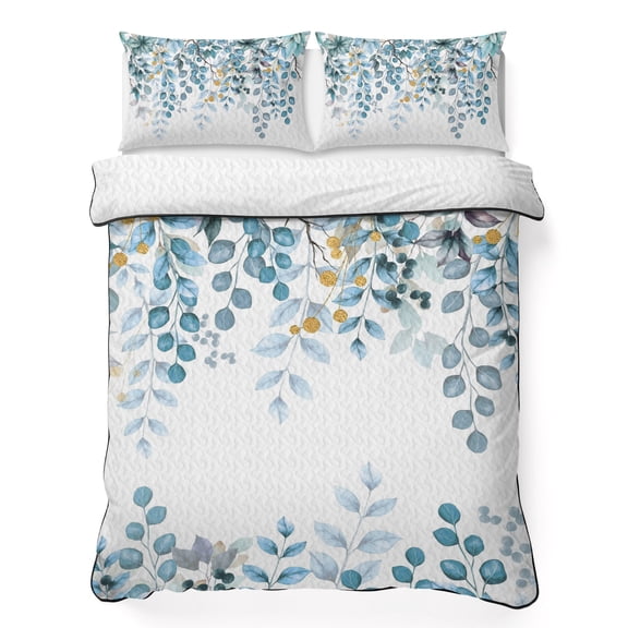 Queen Quilt Bedding Set Blue Eucalyptus Leaves Watercolor Lightweight Summer Quilted Coverlet for Hot Sleepers, Fallen Leaves on White Breathable Soft Blanket with 2 Pillow Shams for All Season