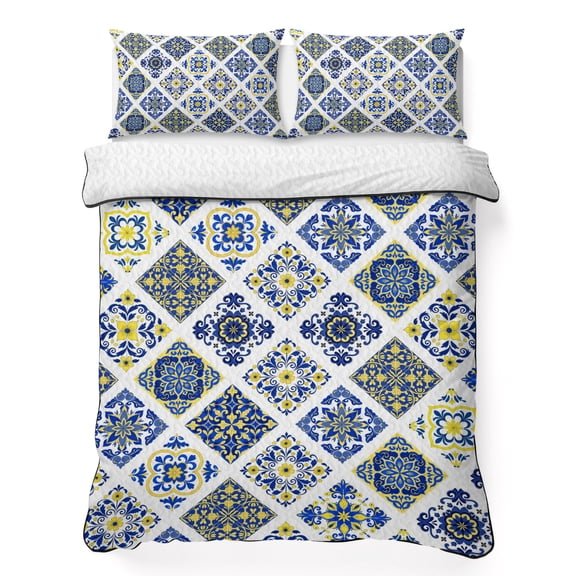 Queen Quilt Bedding Set Blue Geometric Vintage Pattern Breathable Summer Cooling Blanket for Hot Sleepers, Classical Brick Texture Lightweight Soft Bedding Set with 2 Pillow Shams for All Season