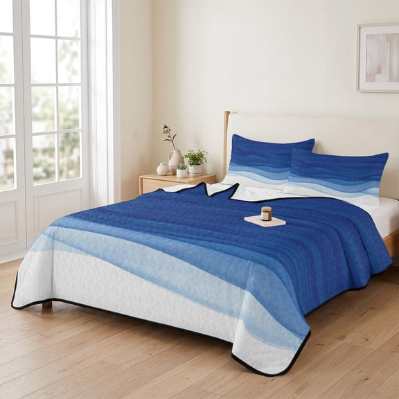 Queen Quilt Bedding Set, Blue Gradient Ripple Shadow Lightweight Coverlet Summer Comforter Set Soft Microfiber Bedspread, Ombre Abstract Geometric 3 Piece Quilt Set with 2 Pillow Shams
