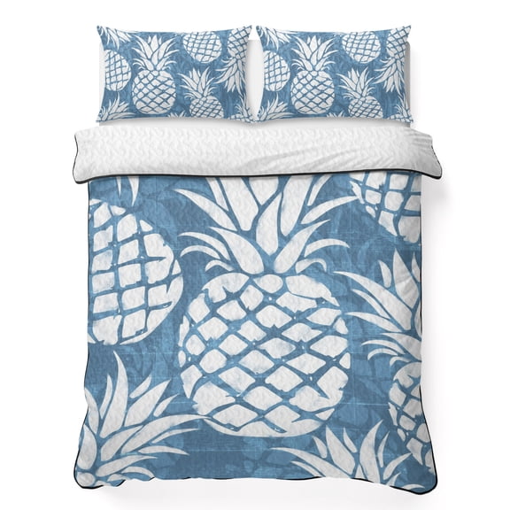 Queen Quilt Bedding Set Blue White Pineapple Lightweight Summer Quilted Coverlet for Hot Sleepers, Minimalist Fruit Pattern Breathable Soft Cooling Blanket with 2 Pillow Shams for All Season