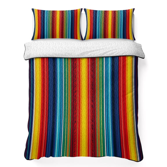 Queen Quilt Bedding Set Boho Ethnic Mexican Stripes Breathable Summer Cooling Blanket for Hot Sleepers, Native Colorful American Stripe Soft Bedding Set with 2 Pillow Shams for All Season