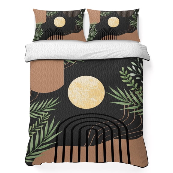 Queen Quilt Bedding Set, Boho Leaf Arch Moon Soft Microfiber Summer Bedspread Coverlet with 2 Pillow Shams for All Season, Mid Century Vintage Brown Breathable Bedding Set for Hot Sleepers