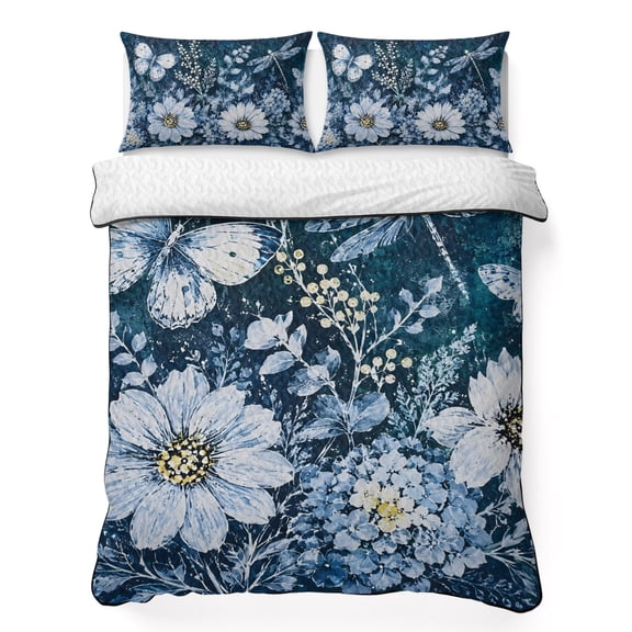 Queen Quilt Bedding Set Boho Pastoral Flower Butterfly Summer Quilt Lightweight Quilted Coverlet with 2 Pillow Shams, Watercolor Floral Indigo Blue 3-Piece Bedspread Quilt Set for All Season