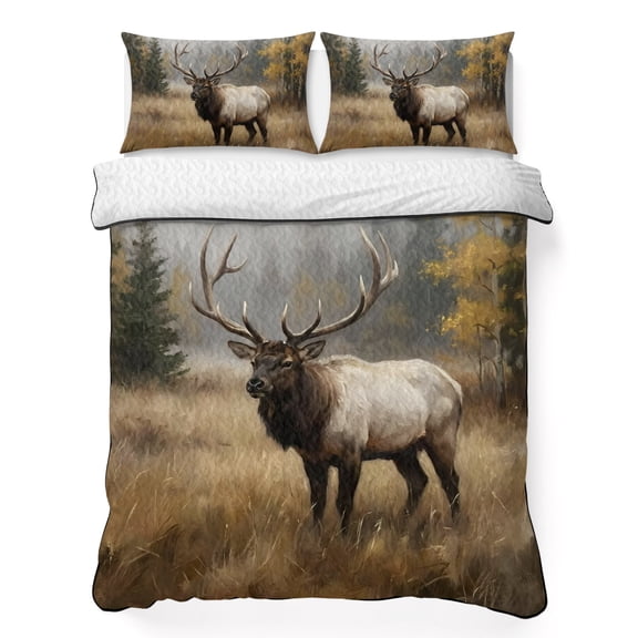 Queen Quilt Bedding Set, Brown Animals Elk Soft Microfiber Summer Bedspread Coverlet with 2 Pillow Shams for All Season, Retro Forest Landscape Breathable Bedding Set for Hot Sleepers