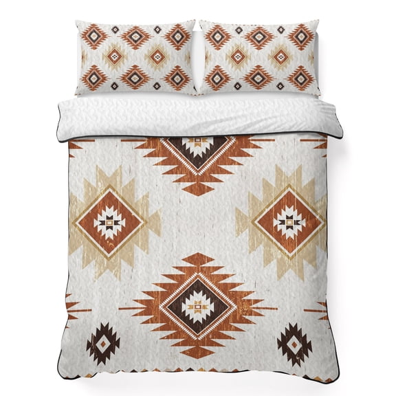 Queen Quilt Bedding Set, Brown Aztec Ethnic Art Soft Microfiber Summer Bedspread Coverlet with 2 Pillow Shams for All Season, Abstract Geometric Color Block Breathable Bedding Set for Hot Sleepers