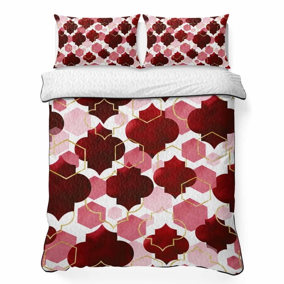 Queen Quilt Bedding Set, Burgundy Red Moroccan Texture Soft Microfiber Summer Bedspread Coverlet with 2 Pillow Shams for All Season, Retro Geometric Pattern Breathable Bedding Set for Hot Sleepers
