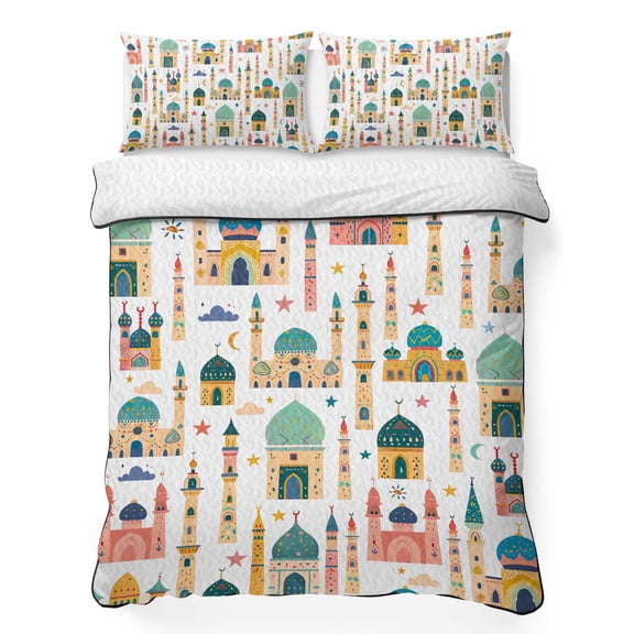 Queen Quilt Bedding Set Cartoon Castle Towel Sketch on White Lightweight Summer Quilted Coverlet for Hot Sleepers, Star Moon Sun Cloud Breathable Soft Blanket with 2 Pillow Shams for All Season