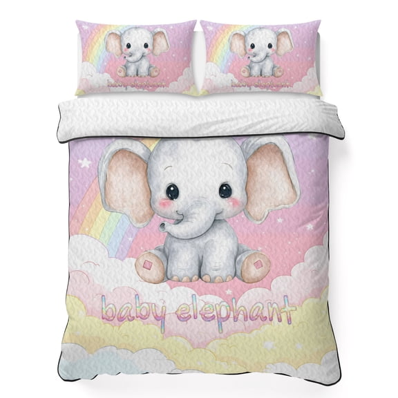 Queen Quilt Bedding Set, Cartoon Cute Baby Elephants Soft Microfiber Summer Bedspread Coverlet with 2 Pillow Shams for All Season, Watercolor Rainbow Clouds Breathable Bedding Set for Hot Sleepers