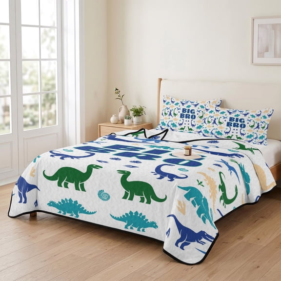 Queen Quilt Bedding Set, Cartoon Dinosaur Abstract Animal Lightweight Coverlet Summer Comforter Set Soft Microfiber Bedspread, Blue Green Dinosaurs 3 Piece Quilt Set with 2 Pillow Shams