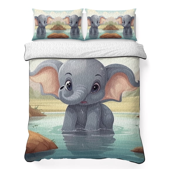 Queen Quilt Bedding Set, Cartoon Elephant in River Soft Microfiber Summer Bedspread Coverlet with 2 Pillow Shams, Natural Animal Plant Scenic Theme Breathable Bedding Set for Hot Sleepers