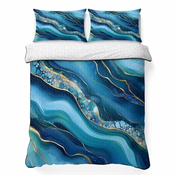 Queen Quilt Bedding Set, Cartoon Marble Texture Wave Bubble Soft Microfiber Summer Bedspread Coverlet with 2 Pillow Shams for All Season, Abstract Gradient Art Breathable Bedding Set for Hot Sleepers