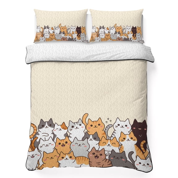 Queen Quilt Bedding Set, Cartoon Pet Cat Soft Microfiber Summer Bedspread Coverlet with 2 Pillow Shams for All Season, Funny Cute Kitty Breathable Bedding Set for Hot Sleepers