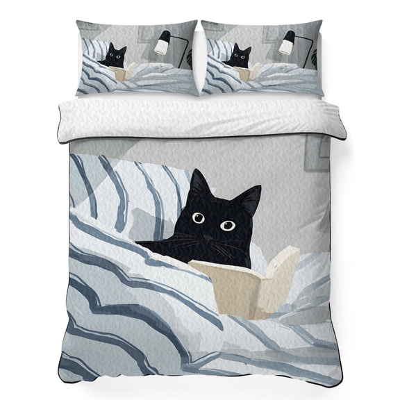 Queen Quilt Bedding Set, Cartoon Reading Black Cat Soft Microfiber Summer Bedspread Coverlet with 2 Pillow Shams for All Season, Kitty in Striped Blanket Breathable Bedding Set for Hot Sleepers