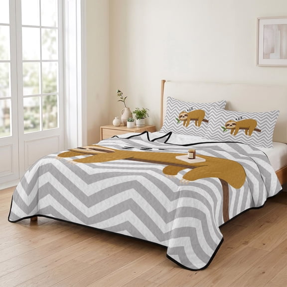 Queen Quilt Bedding Set, Cartoon Sloth Tree Branch Lightweight Coverlet Summer Comforter Set Soft Microfiber Bedspread, Gray Chevron Stripe Animal 3 Piece Quilt Set with 2 Pillow Shams