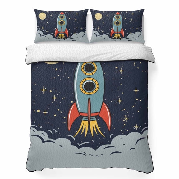 Queen Quilt Bedding Set, Cartoon Space Rocket Launch Stars and Moon Soft Microfiber Summer Bedspread Coverlet with 2 Pillow Shams for All Season, Outer Planet Breathable Bedding Set for Hot Sleepers