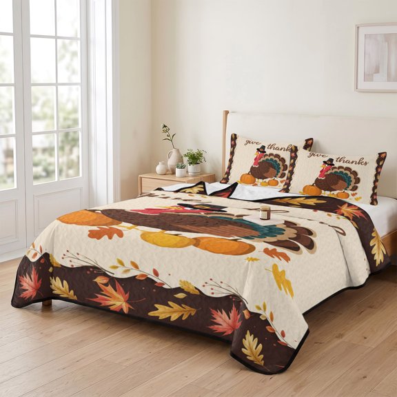 Queen Quilt Bedding Set, Cartoon Turkey Fall Thanksgiving Pumpkin Lightweight Coverlet Summer Comforter Set Soft Microfiber Bedspread, Rural Orange Maple Leaves 3 Piece Quilt Set with 2 Pillow Shams