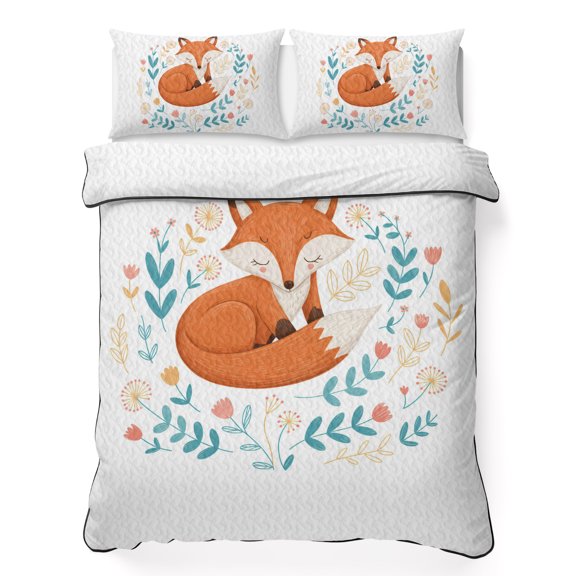 Queen Quilt Bedding Set Cartoons Animals Foxes Summer Quilt Lightweight Quilted Coverlet with 2 Pillow Shams, Farm Flowers Plants 3-Piece Bedspread Quilt Set for All Season
