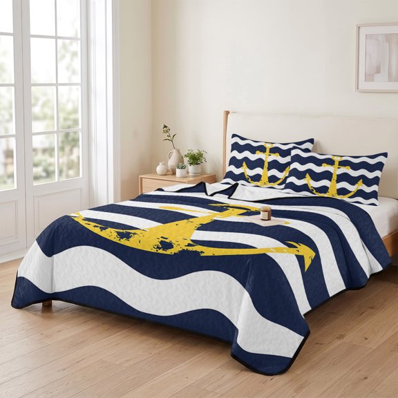 Queen Quilt Bedding Set, Chic Nautical Anchor on Navy Blue White Sripes Lightweight Coverlet Summer Comforter Set Soft Microfiber Bedspread, Chevron Zig Zag 3 Piece Quilt Set with 2 Pillow Shams